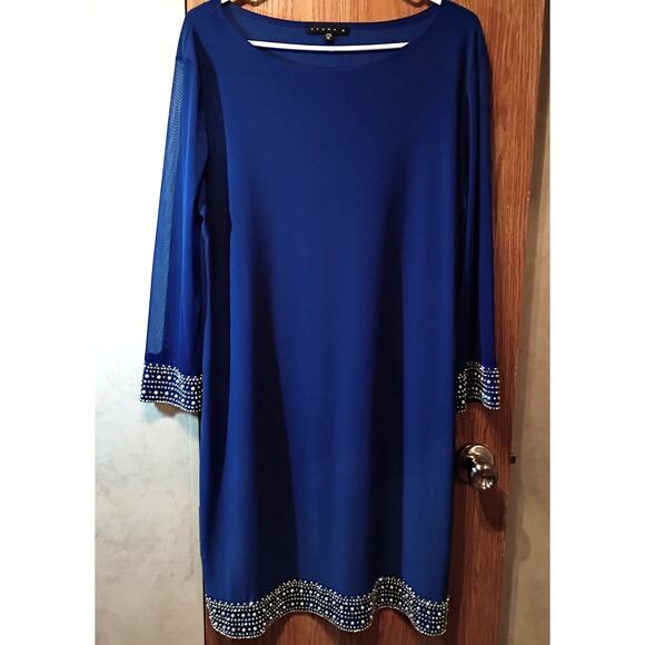Tiana B Embellished Cobalt Blue Shift Dress XL Made USA Beaded Hem Classic Chic - Picture 8 of 11